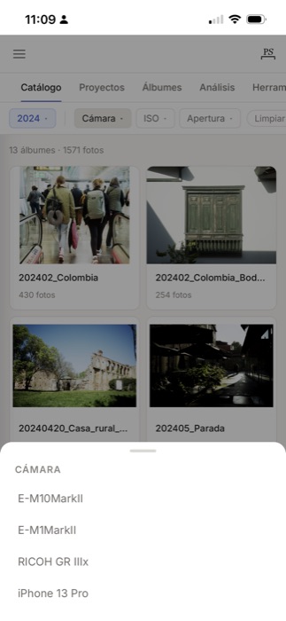 Filtros de cámara, ISO y apertura en el catálogo de PhotoShelf