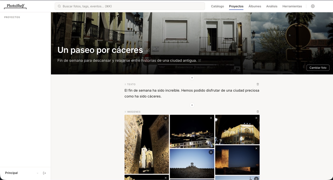 Editor de un proyecto de PhotoShelf con texto y galería de fotos